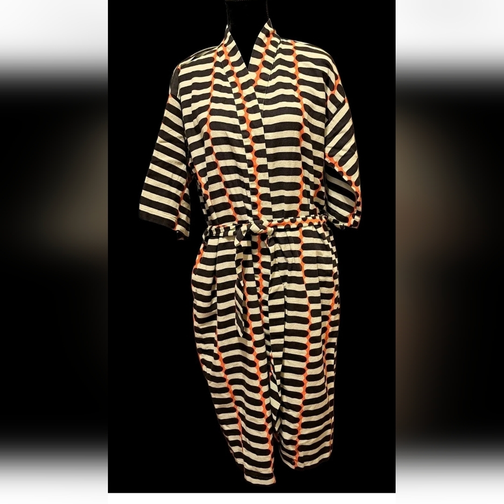 Marimekko Ikea Kimono Bathrobe Womens  S/M Green Black Striped Cotton Belted